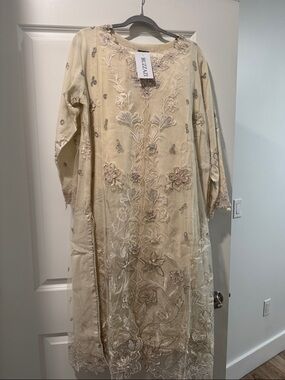 Beige Embroidered Floral Tunic Dress - BUZZAZI Pakistani Salwar Kamiz